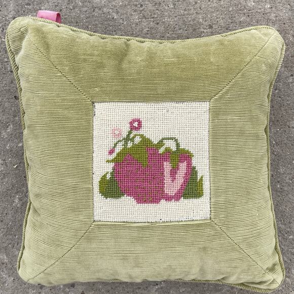 Vintage Strawberry Floral Needlepoint Pillow Velvet Back 13”x13” Cottage Grandma - Picture 2 of 10